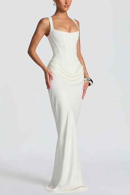 Cardydony Women's Larrah Square Neck Back Lace-up Satin Drape Hem Maxi Dress