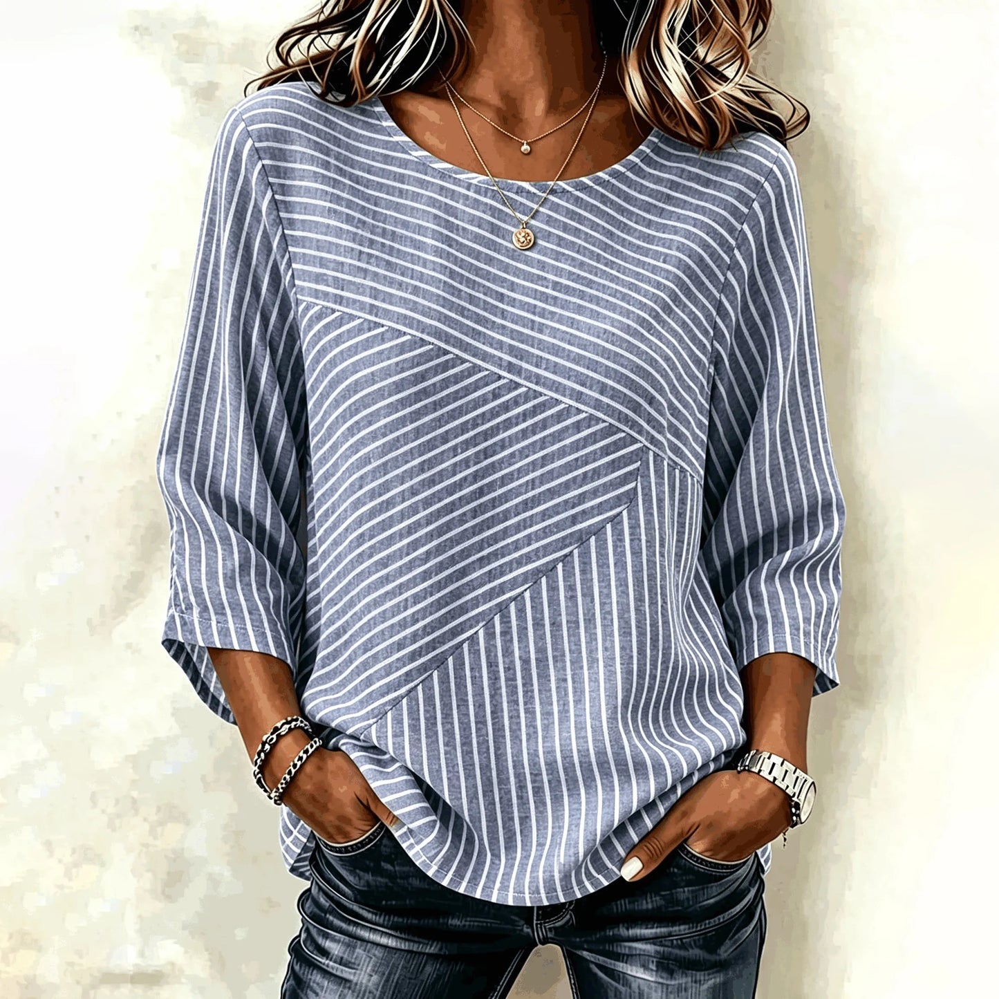 Cardydony Women's Retro Elegant Striped Art Pattern Casual Crew Neck T-shirt