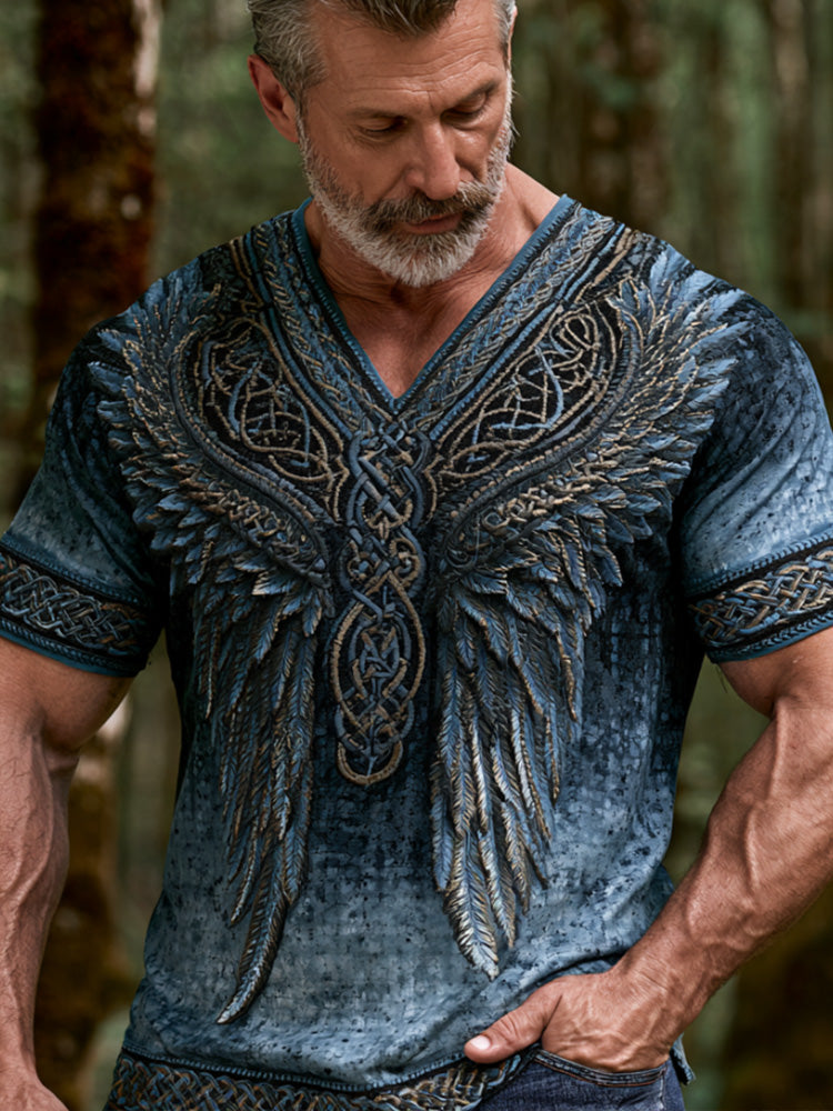 Cardydony Viking Wings And Celtic Knot Art Embroidery Cotton Linen V-neck Short Sleeve Top