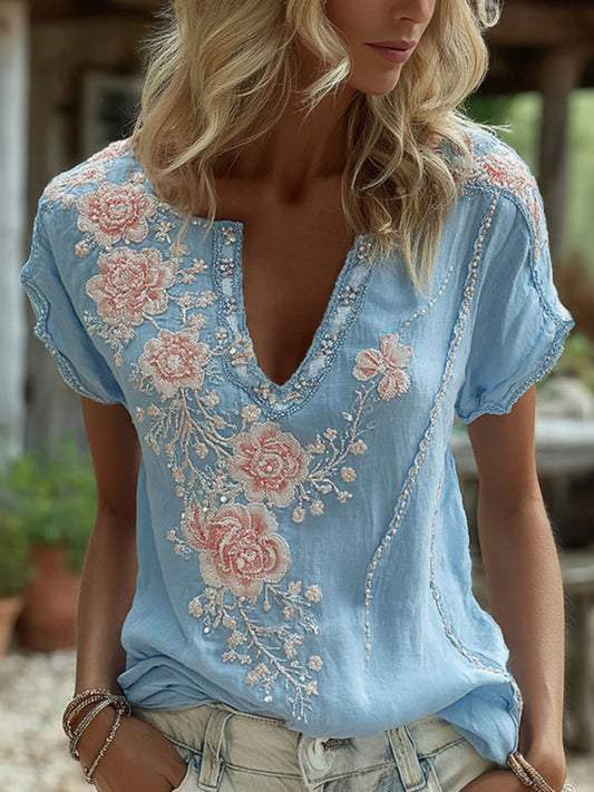 Cardydony Women's Retro Floral Rhinestone Embroidery Casual Cotton Linen T-shirt