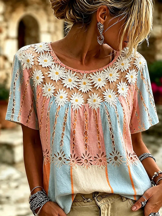 Cardydony Women's Bohemian Chrysanthemum Hollow-out Comfortable Crew Neck T-shirt