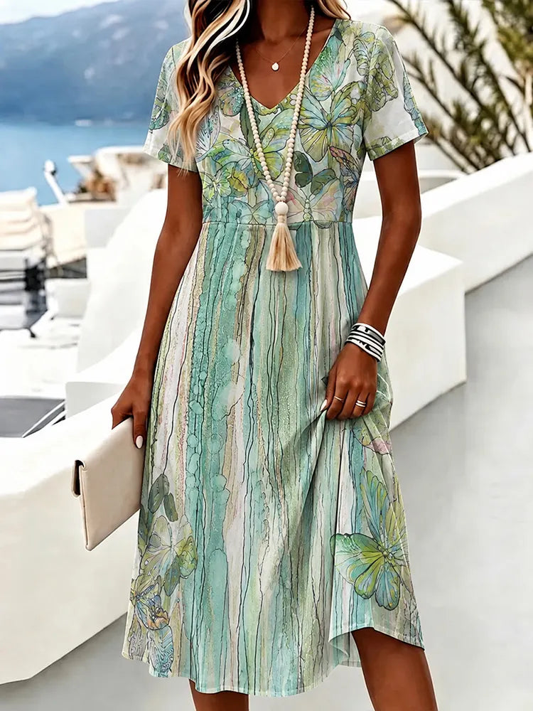 Cardydony Women's Vintage Fresh Floral Art Cotton Linen Casual Dress