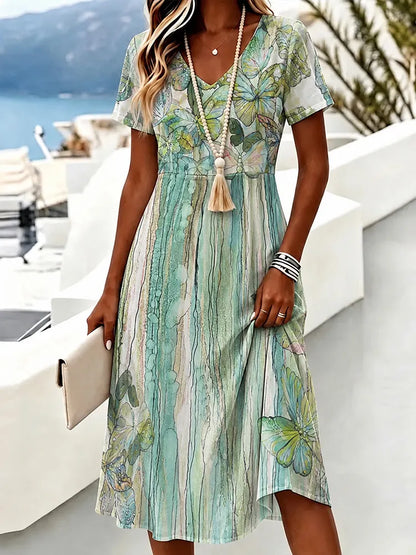Cardydony Women's Vintage Fresh Floral Art Cotton Linen Casual Dress