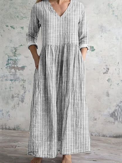 Cardydony Vintage Stripe Pattern Women's Linen Dress
