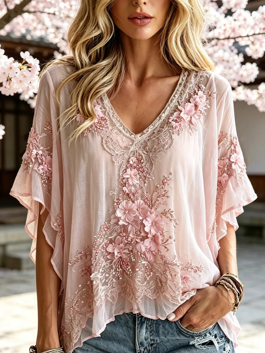 Cardydony Women's Retro Bohemian Japanese Art Cherry Blossom Embroidery Print V-neck Top