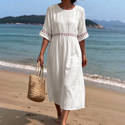 Cardydony Women's Solid Color Embroidery Linen Ramie Dress