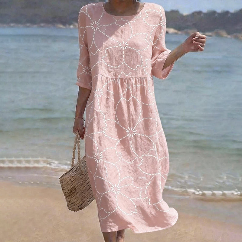 Cardydony Women's Casual Round Neck Mid Sleeve Print Cotton And Linen Dress
