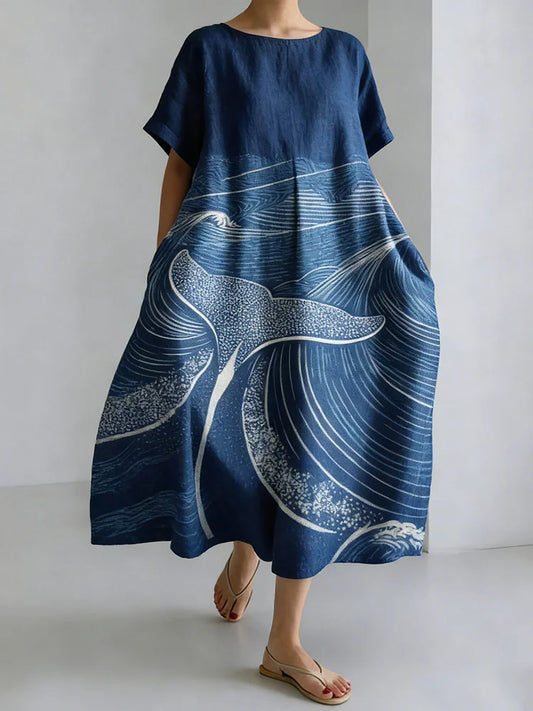 Cardydony Women's Japanese-style Ocean Print Casual Dress