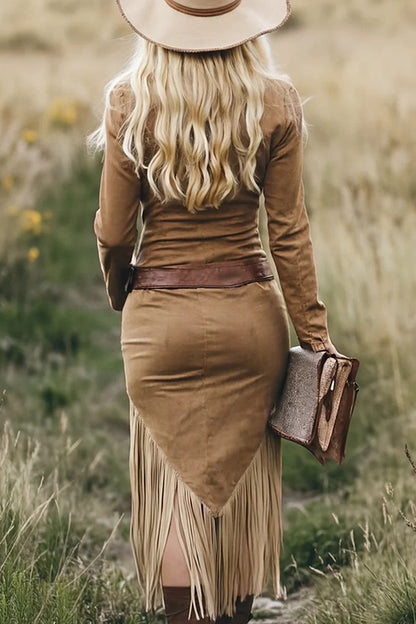 Cardydony Women's Retro Western Style Long-sleeved Fringed Hem Suede Midi Dress