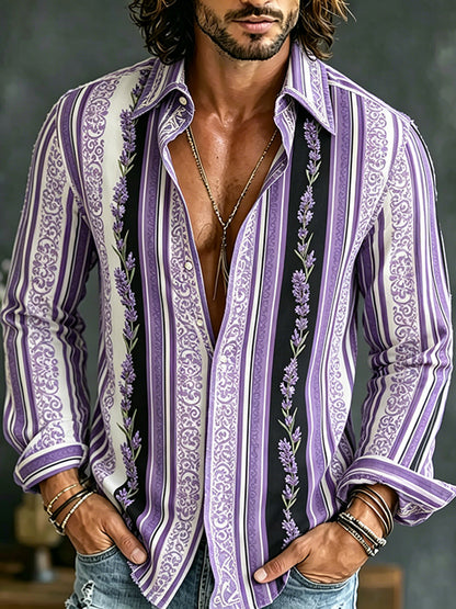 Cardydony Men's Retro Floral Striped Long-sleeve Shirt