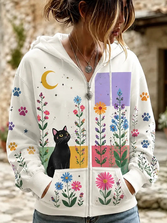 Cardydony Women's Boho Black Cat And Wildflowers Print Full-zip Hoodie