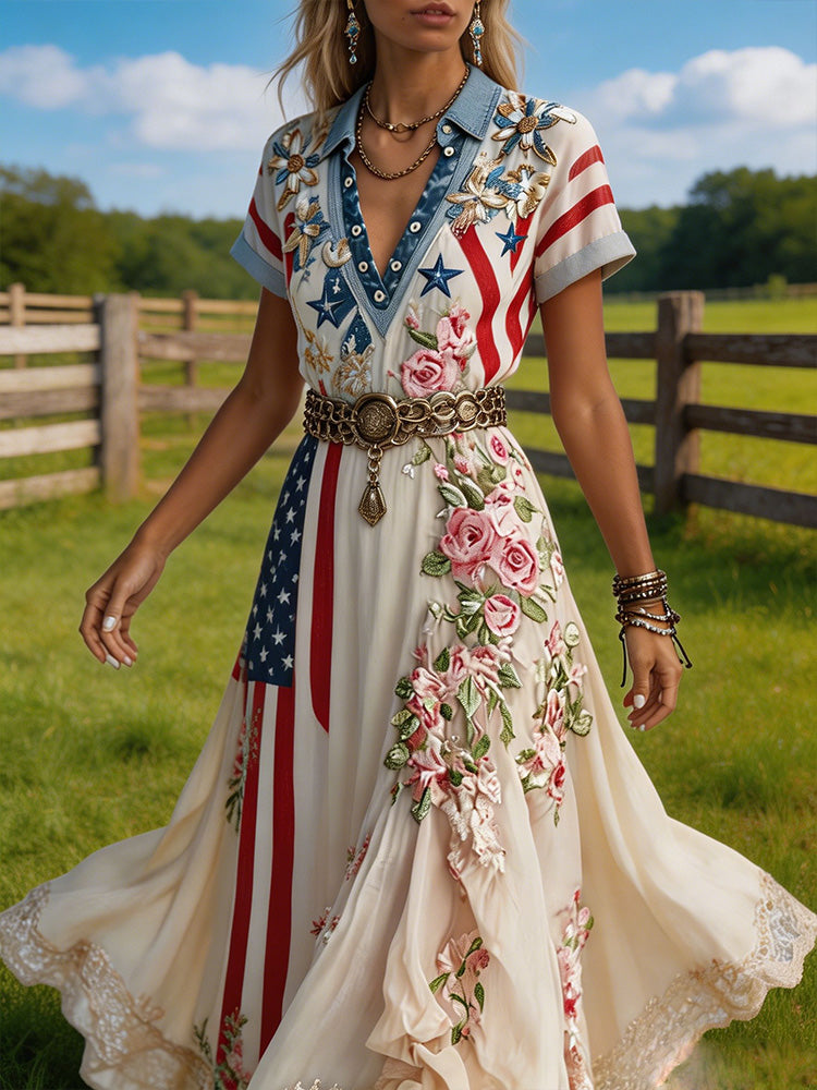 Cardydony Western Patriotic Maxi Dress - Boho Denim Collar Floral Embroidered Dress