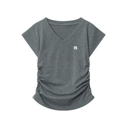 Cardydony Women's Chic V-Neck Ruched Slim-Fit T-Shirt