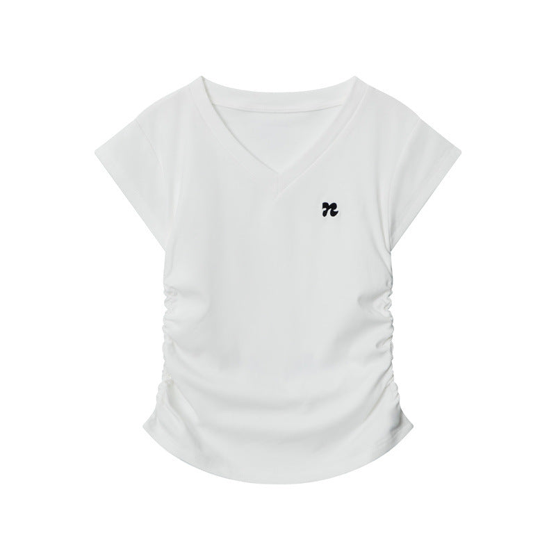 Cardydony Women's Chic V-Neck Ruched Slim-Fit T-Shirt