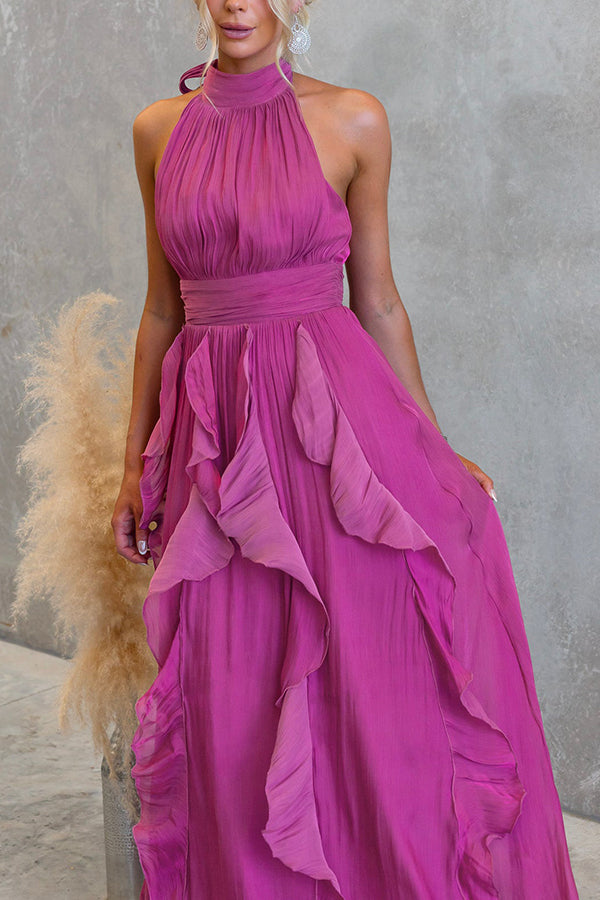 Cardydony Women's Coral Textured Metallic Chiffon Material High Tie Neck Ruffles Maxi Dress