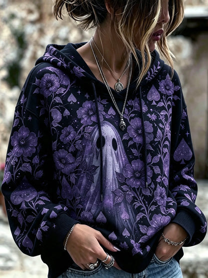 Cardydony Women's Bohemian Halloween Ghost And Floral Print Hoodie