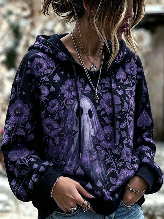 Cardydony Women's Bohemian Halloween Ghost And Floral Print Hoodie