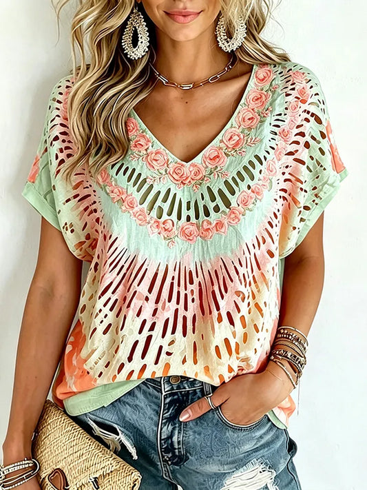 Cardydony Women's Retro Hippie Peace And Love Floral Casual T-shirt
