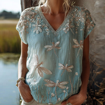 Cardydony Women's Dragonfly Embroidered Boho Beaded V-neck Short Sleeve Flowy Top