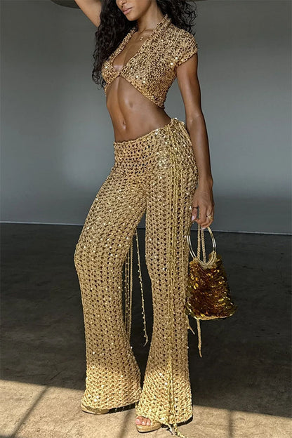 Cardydony Women's Gold Coast Knit Sequin Fabric Short Sleeve Crop Top and Adjustable Beaded Waist Loose Pants Set