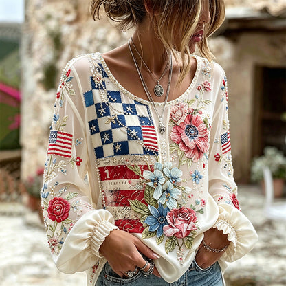 Cardydony Boho Patriotic Floral American Flag Checkerboard Rhinestone Embroidery Long Sleeve Top