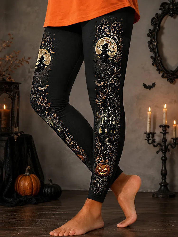 Cardydony Comstylish Women's Halloween Retro Casual Witch Pumpkin Castle Print Pants