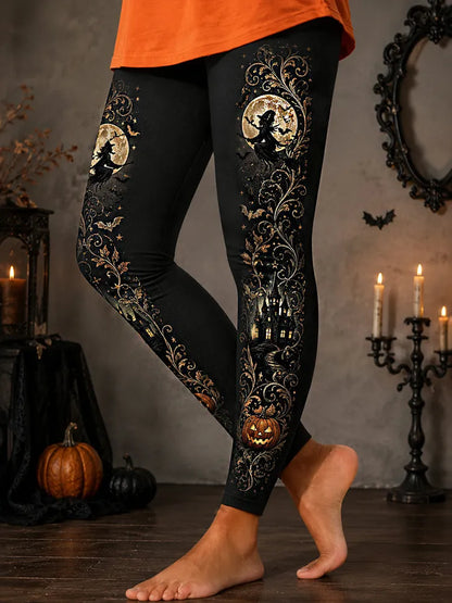 Cardydony Comstylish Women's Halloween Retro Casual Witch Pumpkin Castle Print Pants