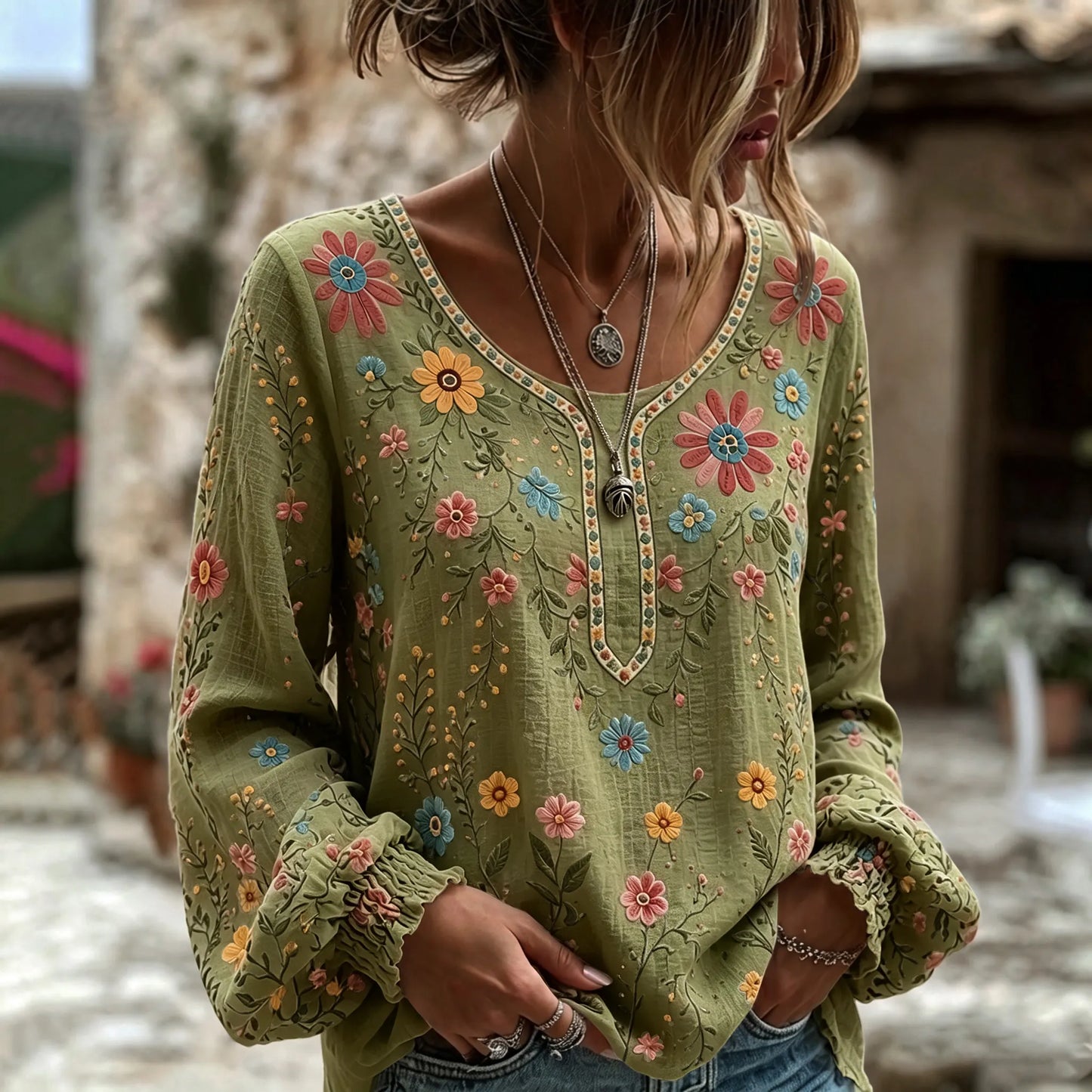 Cardydony Women's Vintage Floral Art Print Flowy Linen Blend Linen Blend Long Sleeve Casual Tops
