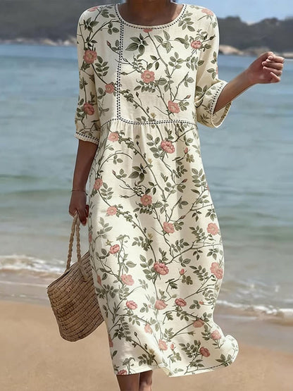 Cardydony Women's Floral Art Print Linen Blend Casual Dress