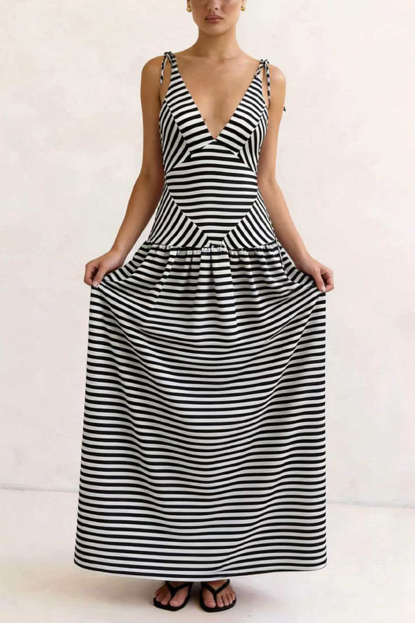 Cardydony Women's  Striped Print V-neck Sleeveless Casual Vacation Maxi Dress