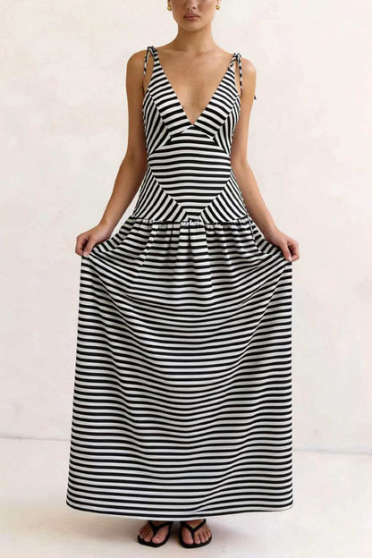 Cardydony Women's  Striped Print V-neck Sleeveless Casual Vacation Maxi Dress