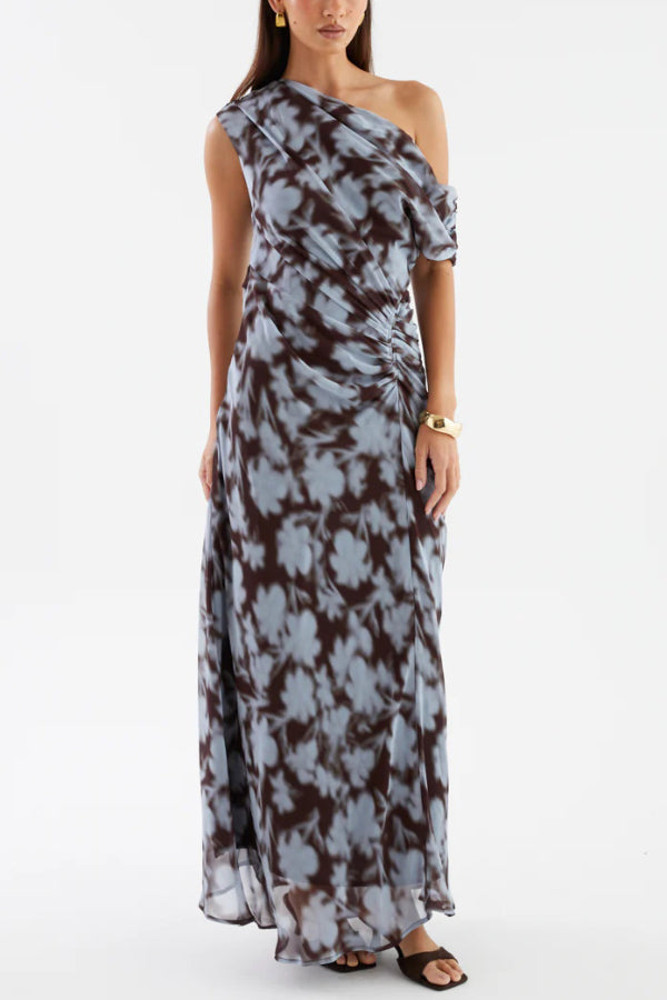 Cardydony Women's Unique Print Asymmetrical Off-Shoulder Pleated Waist Casual Maxi Dress