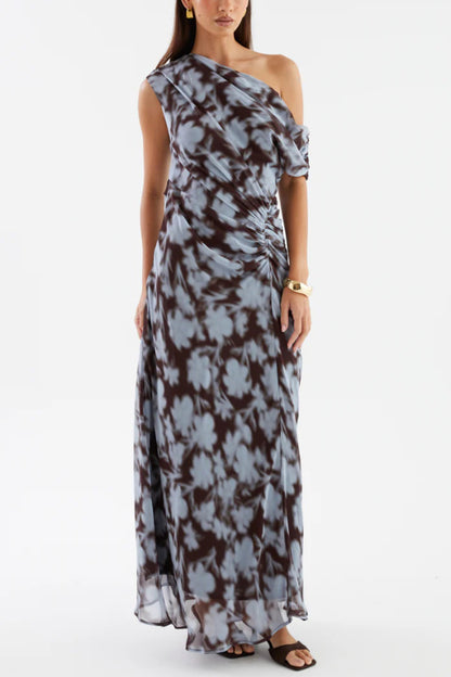 Cardydony Women's Unique Print Asymmetrical Off-Shoulder Pleated Waist Casual Maxi Dress
