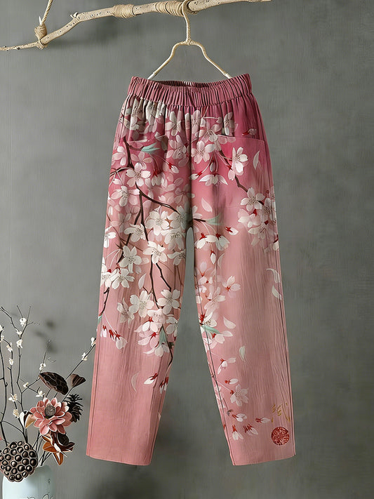 Cardydony Japanese Cherry Blossom Floral Pattern Comfortable Linen Pants