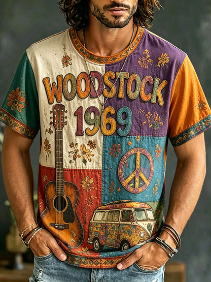 Cardydony Men's Casual Color Block Music Letter Retro Hippie Crew Neck T-shirt
