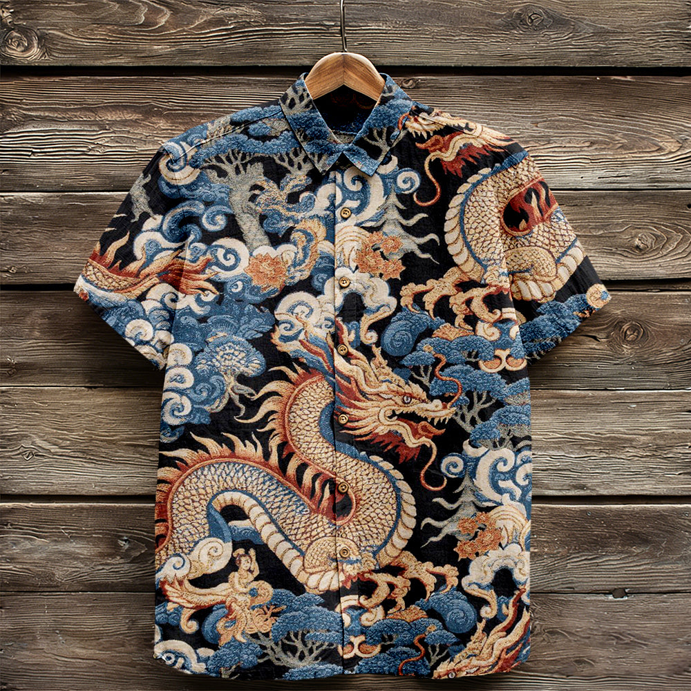 Cardydony Men's Vintage Traditional Dragon Art Pattern Linen Shirt