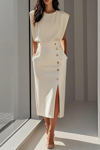 Cardydony Women's Solid Color Round Neck Sleeveless Button Slit Midi Dress
