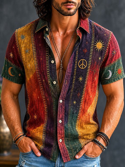 Cardydony Men's Vintage Patchwork Peace Sign Sun Moon Star Art Print Cotton Linen Shirt