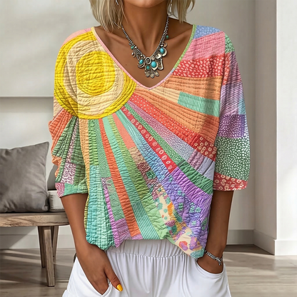 Cardydony Women's Vintage Floral In Gradient Art Print Flowy Linen Blend Three-quarter Sleeve V Neck Linen Tops