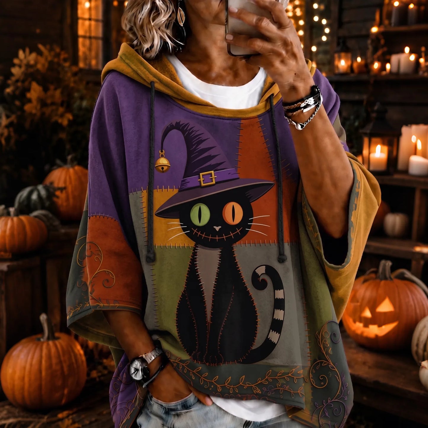 Cardydony Women's Halloween Black Cat Color Blocking Art Print Casual Hoodie