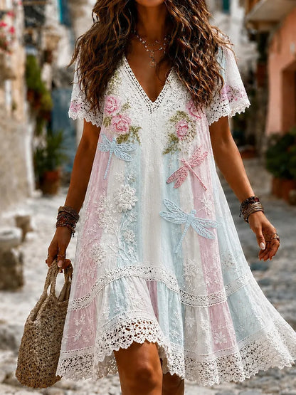 Cardydony Women's Hippie Floral Dragonfly Art Print Color-blocked Casual Linen Blend Midi Dress