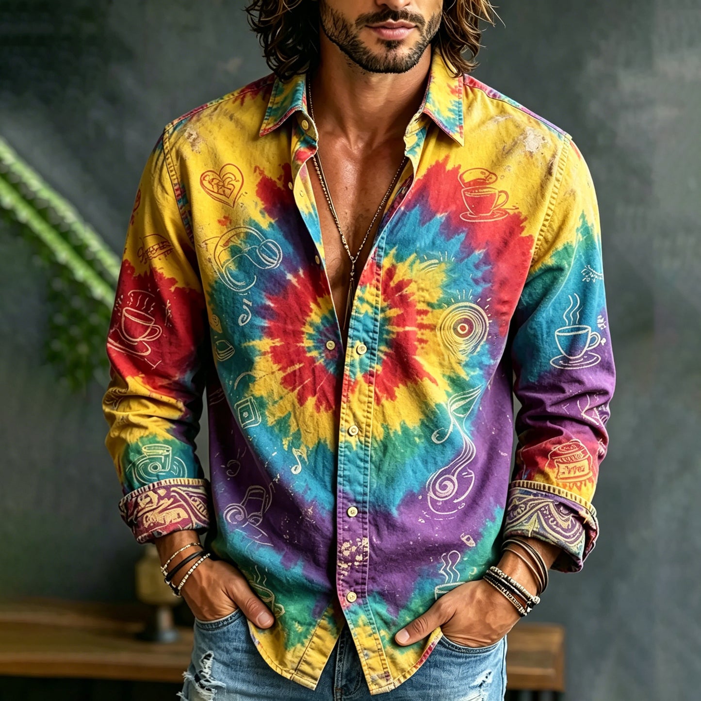 Cardydony Men's Hippie Tie-dye Music Art Print Long Sleeve Shirt