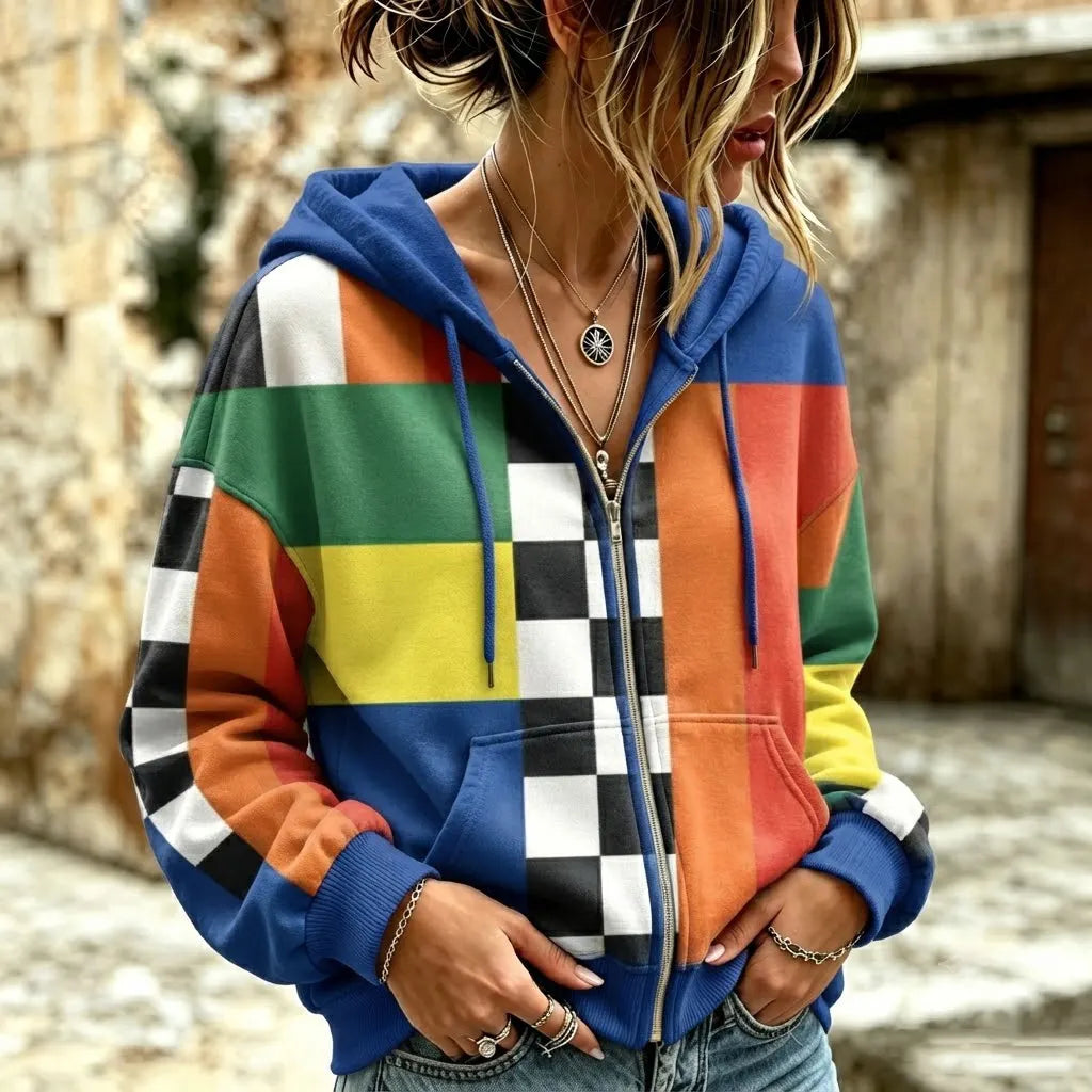 Cardydony Women's Retro Abstract Geometric Pattern Casual Comfort Zip-up Hoodie