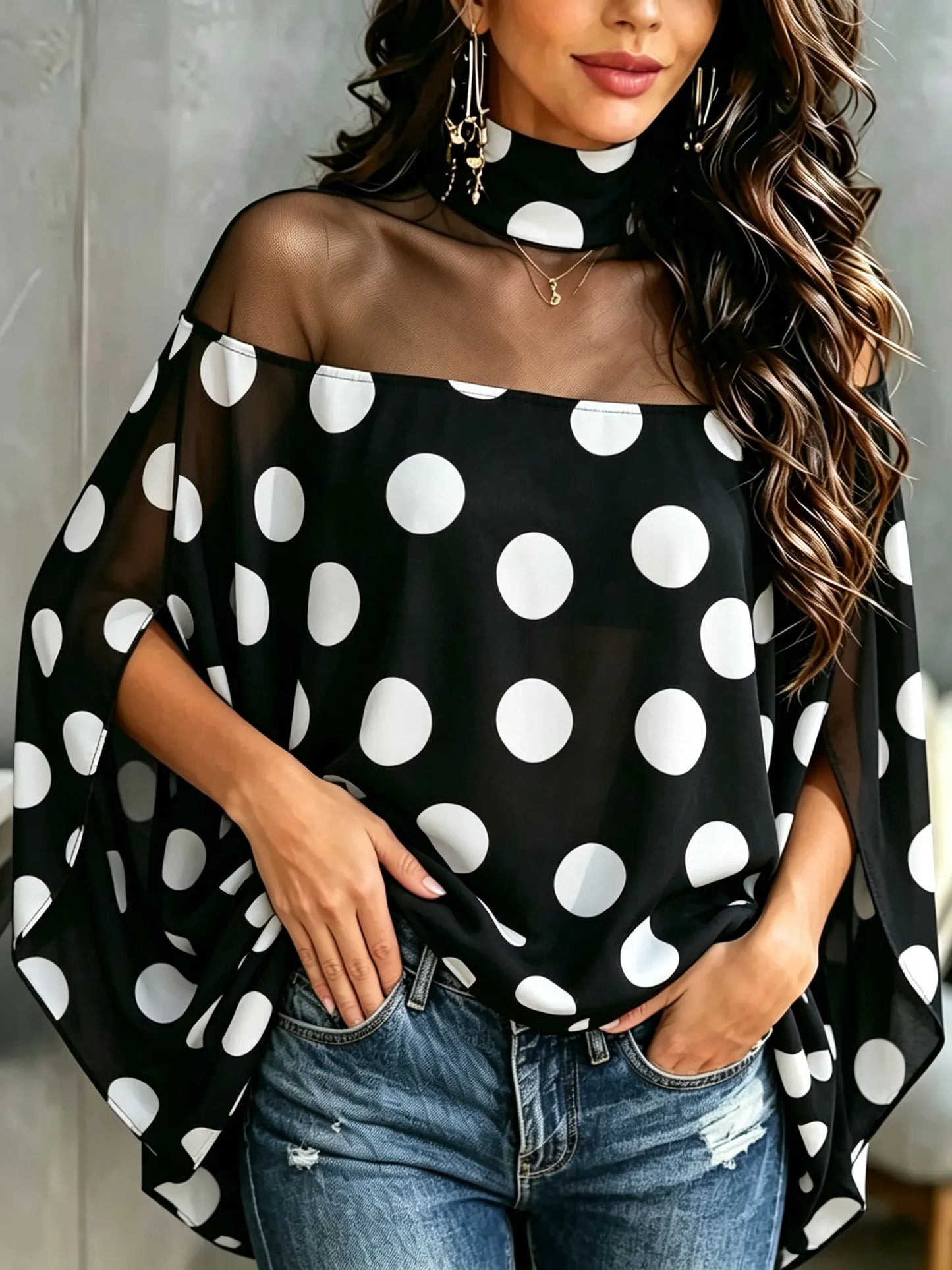 Cardydony Women's Sheer Mesh Polka Dot Batwing Sleeve Off‑shoulder Blouse