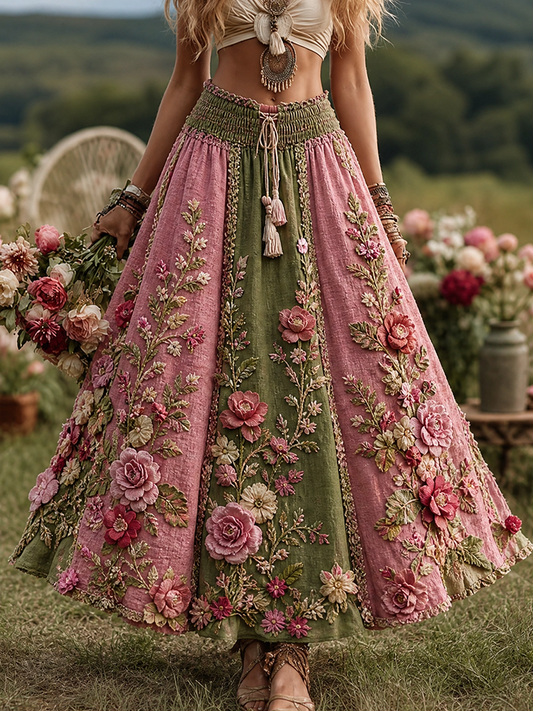 Cardydony Women's Bohemian-style Floral Patchwork A-line Maxi Skirt, Adorned With 3d Rose Patterns And A Drawstring Belt. 1