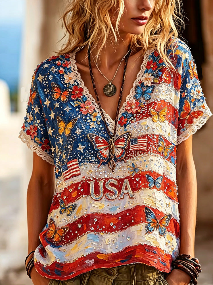 Cardydony Vintage American Anniversary Floral Art Print Casual V-neck Top