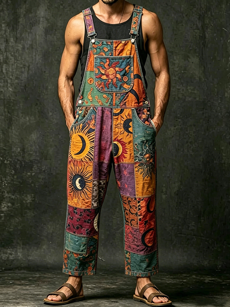 Cardydony Men's Sun, Moon And Stars Patchwork Art Jumpsuit