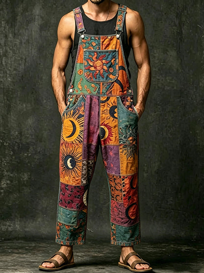Cardydony Men's Sun, Moon And Stars Patchwork Art Jumpsuit