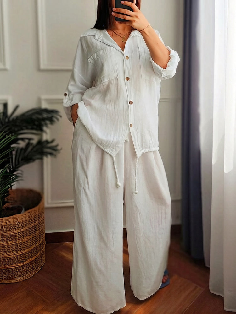 Cardydony Casual Loose Linen Solid Color Shirt Wide-leg Pants Two-piece Set