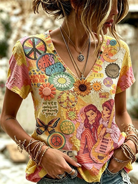 Cardydony Women's Vintage Distressed Hippie Style Printed V-neck Top